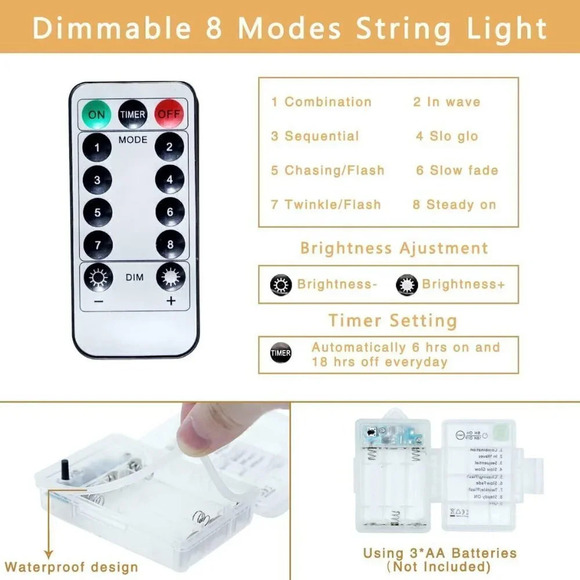 100 LED Fairy String Lights Battery  Powered with Remote & Timer 8 Lighting Mode - Picture 2 of 6